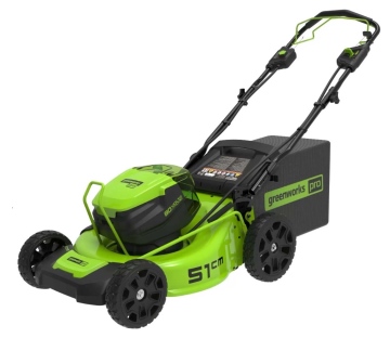 מכסחת דשא GREENWORKS 80V PRO דגם 99561 עם רוחב כיסוח 21 אינץ', הנעה עצמית ותא סוללות כפול