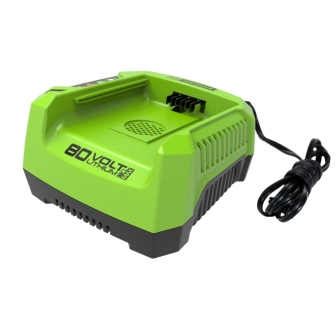 מטען מהיר GREENWORKS 80V דגם 99557 עם מאוורר מובנה וחיווי LED למצב טעינה, מטעין סוללת 2.0Ah תוך 30 ד