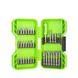 קיט 40 ביטים ומקדחים GREENWORKS דגם 99496 מפלדת סגסוגת חזקה במזוודת פלסטיק קשיחה עם תאים מסודרים לאח