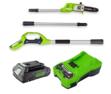 מסור גבהים GREENWORKS 99702-4 עם מוט טלסקופי 2.62 מטר, להב OREGON 20 ס"מ, סוללת 24V 2 אמפר ומטען מהי