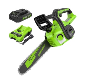 מסור שרשרת נטען GREENWORKS 24V דגם 99701-1 עם להב OREGON 10 אינץ', סוללת 2 אמפר ומטען מהיר, מערכת שי