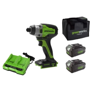 מברגת אימפקט GREENWORKS 24V דגם 99771-1 עם מנוע Brushless, מומנט 300Nm, שתי סוללות 4 אמפר, מטען כפול