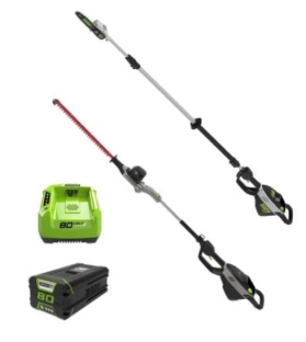 סט כלי גובה מקצועי מבית GREENWORKS משלב מגזמת גובה 80V PRO בעלת 4 מהירויות ולהבי לייזר, ומסור טלסקופ