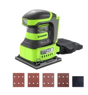 מלטשת רוטטת מרובעת GREENWORKS 24V דגם 99683 עם 11,000 רטיטות בדקה, משקל 2.3 ק"ג, שקית איסוף פסולת ונ