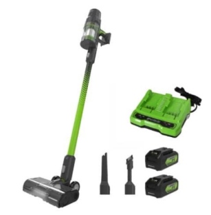 שואב אבק נטען GREENWORKS דגם 99780-1-1 עם מנוע 500W, שתי סוללות 4 אמפר, מטען כפול ומסנן HEPA לניקוי