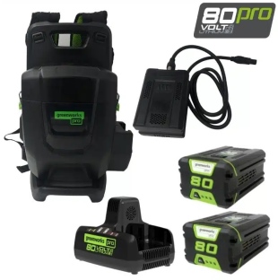 יחידת כח נישאת GREENWORKS 80V PRO דגם 99782 עם שתי סוללות 4.0 אמפר ומטען כפול מהיר, מערכת גב ארגונומ