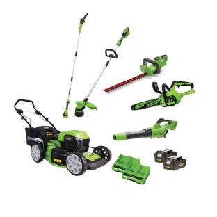 ערכת גינון מקצועית המשלבת שישה כלי עבודה מתקדמים בטכנולוגיית 48V/24V לתחזוקה מושלמת של גינות. מערך כ