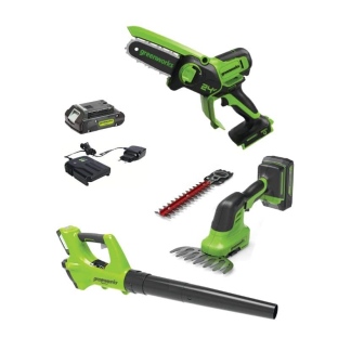 ערכה מקצועית משלבת שלושה כלי גינון קומפקטיים: מגזמת גובה, מסור גבהים ומפוח עלים מתנה. פתרון מושלם לת